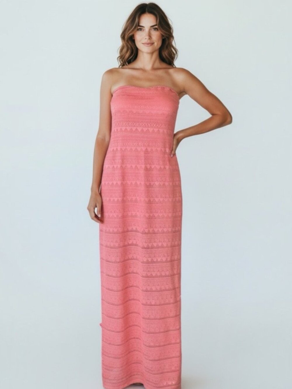 YaLos Angeles Strapless Midi Dress Size M Coral Stretch Slit Zip Back Lined Mesh